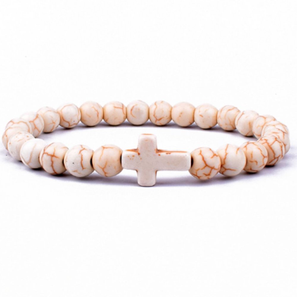 White Stone Bracelet,Cross Bracelet,White Cross Bracelet,8mm Stone Beads